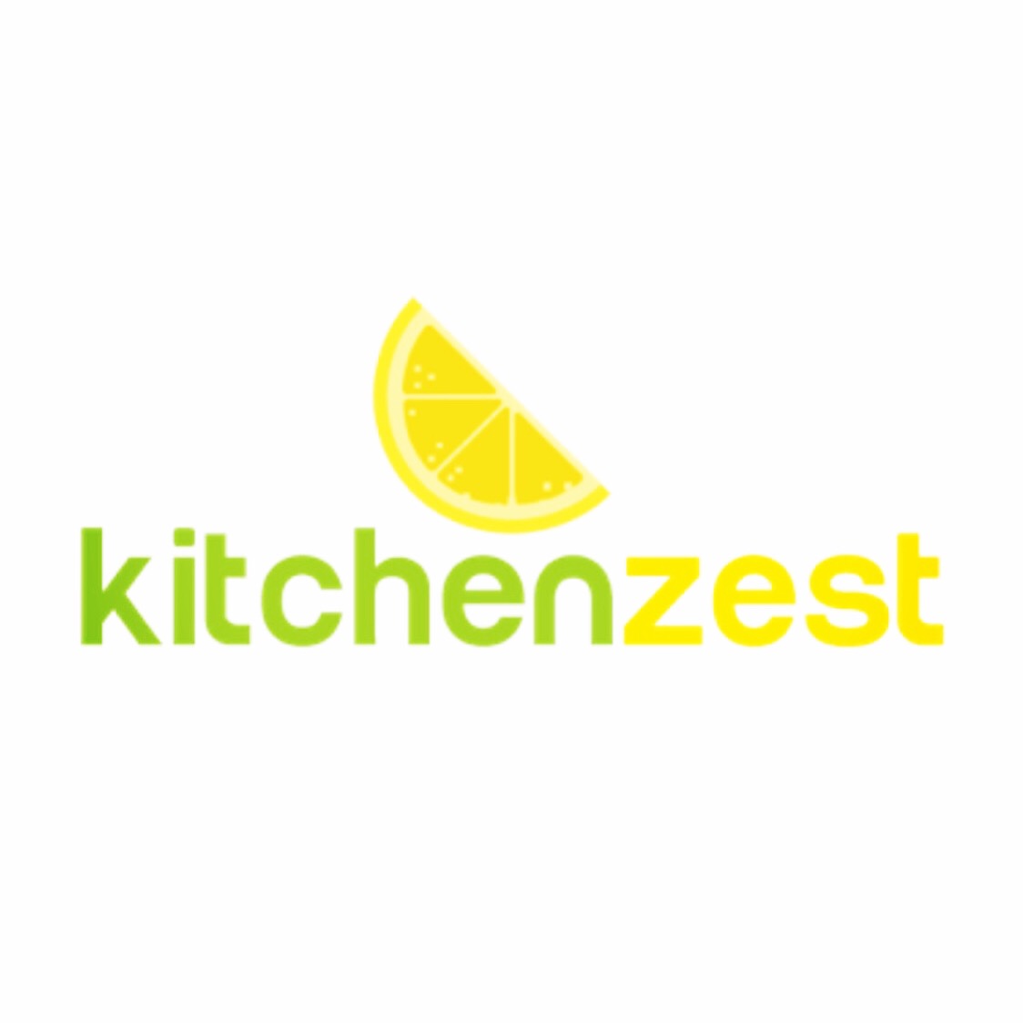 The logo of Kitchenzest is written with 'kitchen' in green  and 'zest' in yellow, with an image of half a lemon slice suspended slightly above it.  It represents health and vitality.